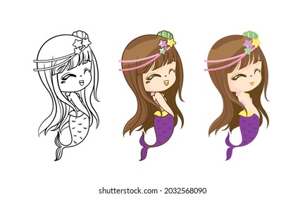 Little Mermaid character cartoon, Happy girl fish, Kawaii Mermaid, isolated on white background, Vector Illustration
