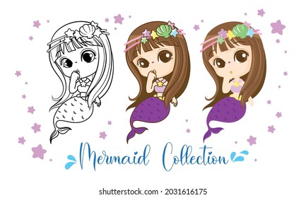 Little Mermaid character cartoon, Hello girl fish, isolated on white background, Vector Illustration