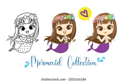 Little Mermaid character cartoon, Hello girl fish, isolated on white background, Vector Illustration