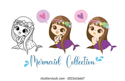 Little Mermaid character cartoon, Hello girl fish, isolated on white background, Vector Illustration