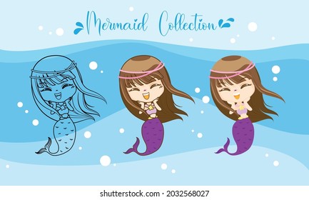 Little Mermaid character cartoon, Hello girl fish, isolated on Blue background, Vector Illustration