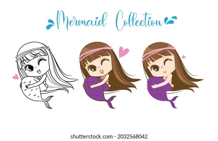 Little Mermaid character cartoon, Hello girl fish, isolated on white background, Vector Illustration