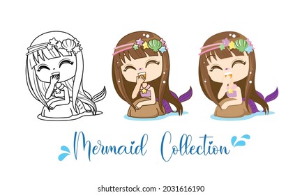 Little Mermaid character cartoon, Kawaii girl fish, isolated on white background, Vector Illustration