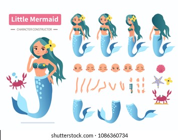 Little mermaid character constructor for animation. Front, side and back view. Flat cartoon style vector illustration isolated on white background.