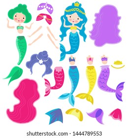 Little mermaid character constructor for animation. Front, side and back view. Flat cartoon style vector illustration isolated on white background.