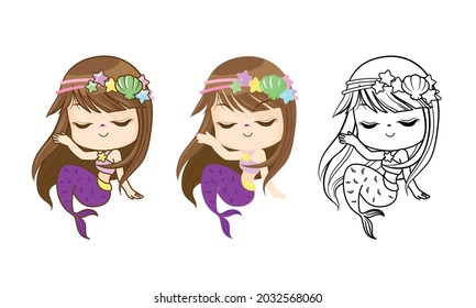  Little Mermaid character, Happy girl fish, Mermaid Collection isolated on white background, Vector Illustration