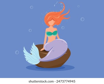 The little mermaid character with orange hair and purple tail sits on a stone hand drawn vector illustration 