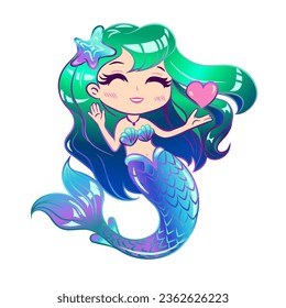 Sirenita con ojos cerrados, cabello verde y corazón. Pequeña sirena para el diseño en un fondo blanco. Ilustración vectorial.