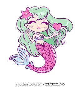 Sirenita con ojos cerrados, cabello verde y corazón. Pequeña sirena para el diseño en un fondo blanco. Ilustración vectorial.