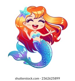 Sirena pequeña con ojos cerrados y canta el pelo rojo. Pequeña sirena para el diseño en un fondo blanco. Ilustración vectorial.