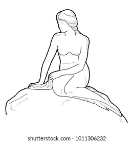 Little Mermaid, Copenhagen, Denmark:  Vector Illustration Hand Drawn Landmark Cartoon Art