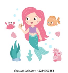 Little mermaid with cute crab and fish on white background. Fairy tale. Cartoon children's style. Mermaid with pink hair. Flat vector illustration. 