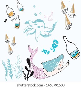 little mermaid and cute octopus