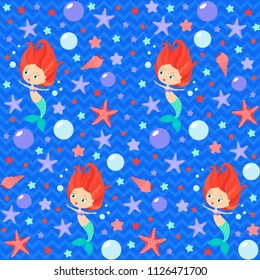 Little mermaid cute pattern, red hair sea girl summer vector illustration, starfish, shell, bubbles on blue chevron backdrop, cartoon style for kids textile fabric print, wallpaper, game, clothing.