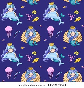 Little mermaid with dolphin, jellyfish, seashell. Seamless pattern on a dark violet background. Print for textile, decor, greeting cards, paper, clothes, wallpaper. Design for kids, children, babies.