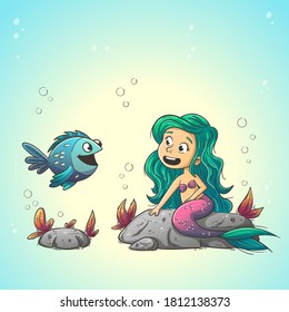 Little mermaid with fish. Hand drawn vector illustration with separate layers.