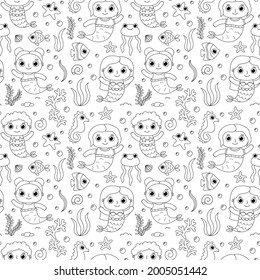 Little mermaid fish and jellyfish seamless pattern
