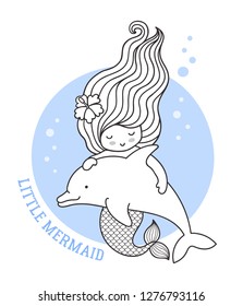 Little mermaid, floating with dolphin. Friendship. Cute cartoon character. Vector illustration for postcard, coloring book, sticker, patch.