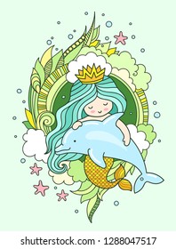 Little mermaid, floating with dolphin. Siren, surrounded by green seaweed, clouds and starfish, fish. Vector illustration, print, poster, postcard.