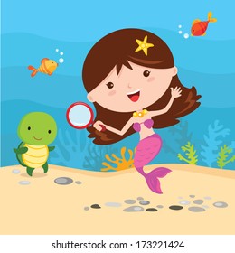 Little mermaid with friends. Little mermaid having fun under the water with sea creatures friends.