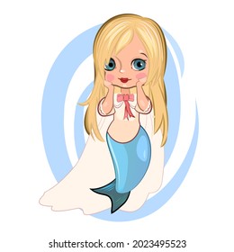 Little mermaid girl in beautiful clothes. Flirts. Handsome fashionable child. The isolated object on a white background. Vector illustration