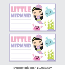 Little mermaid girl with her friend vector cartoon illustration for birthday card design, postcard, and wallpaper