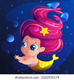 A little mermaid girl with pink hair and a yellow fin tail is trying to take a bubble underwater. Blue jellyfish braid, twist long mermaid hair