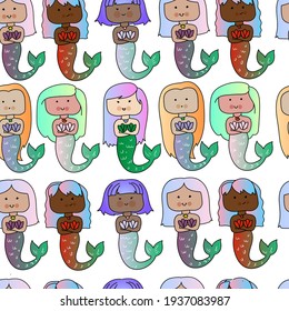 Little mermaid girl sisters seamless pattern. Suitable for textiles, packaging, wallpaper, etc. Objects isolated on background. Vector illustration.