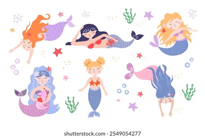 Little mermaid girls on the seabed. Playful mermaids, a set of beautiful girls who inhabit the seabed. Vector illustration