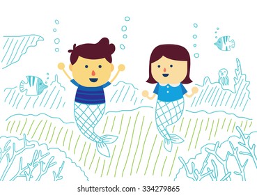 Little mermaid is happy under the sea be full of beautiful coral and many water animal