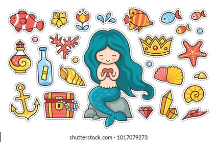 Little mermaid with heart sitting on a rock, fish, starfish, anchor, treasure chest. Set of cartoon stickers, patches, badges, pins, prints for kids. Doodle cartoon style. Vector illustration.