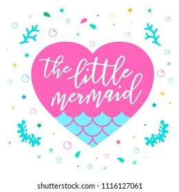 Little mermaid with heart. Vector cute illustration. Flat design template element. Fabric textile printing