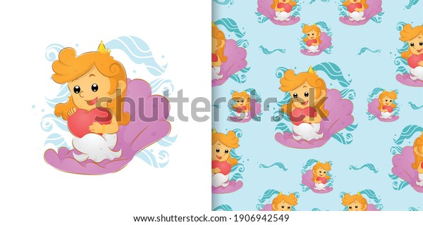 The little mermaid holding the love sitting\
on the shell of\
illustration