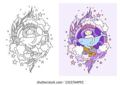 Little mermaid ina wreath of starfish, sitting on a rock,holding narwhal. Doodle illustration.