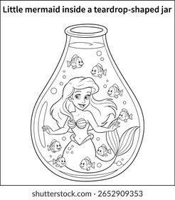 Little mermaid inside a teardrop-shaped jar with smiling fish swimming around her—cute, playful, and easy to color for little kids.