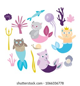 Little mermaid kitten collection. Kitty cat with sirenes fish tale. Flat vector sea set with mermaids fish jellyfish shell coral on white background