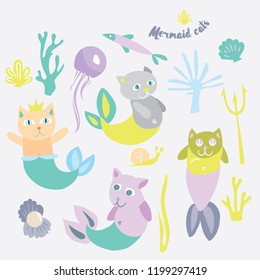 Little mermaid kitten collection. Kitty cat with sirenes fish tale. Flat vector sea set with mermaids fish jellyfish shell coral on white background