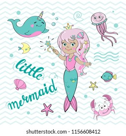 Little mermaid with marine inhabitants