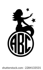 Little mermaid with name monogram. Kids name monogram. Mythical tale character black symbol. Silhouette of creature with tail. Magical mermaid