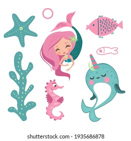 The Little Mermaid, Narwhal, fish, starfish and seahorse in cartoon children's style. set of vector images of marine-themed