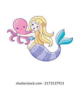 Little Mermaid and octopus under the sea