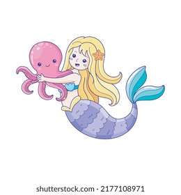 Little Mermaid and octopus under the sea