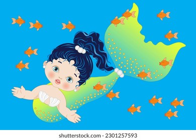 Little mermaid on a light blue background with little fishes