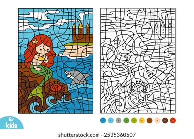 Little Mermaid on a rock in the sea. Color by number, education game for children. Fairy tales