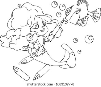 Little mermaid with pencils, make-up for a fish. Cartoon characters, isolated on white, coloring outline