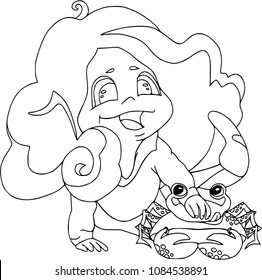 Little mermaid with pet, funny crab. Flat, cartoon characters, ocean and sea, coloring outline