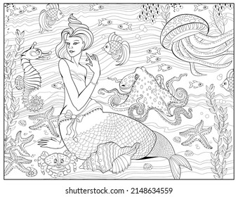Little mermaid plays with marine life underwater. Coloring book for children and adults. Image in zen-tangle style. Printable page for drawing and meditation. Black and white vector illustration.