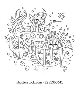 Little mermaid princess. Black coffee and milk coffee. Cute little girl in cup. Morning drink. Funny coloring page for adults. Cartoon vector illustration. Hand drawn artwork. Black and white color