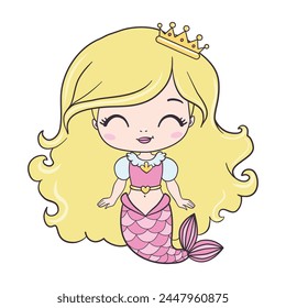 Little mermaid princess . Fantasy vector illustration isolated. Beautiful little mermaid. Siren. Sea theme. Hand drawn vector illustration on a white background.