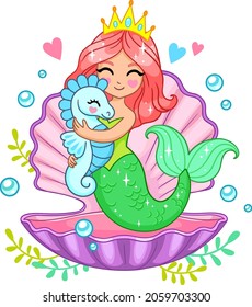 princesa sirena abrazando a un caballito de mar en una concha rosa. Ilustración vectorial de fantasía aislada